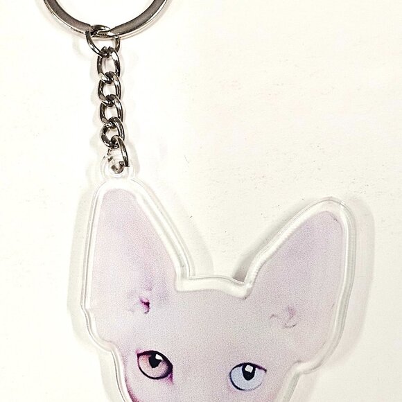 Acrylic Cat Keychain Sphynx Face Heterochromia Eyes Blue & Hazel Cute Pet Lover - Picture 1 of 3
